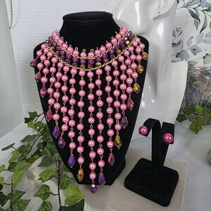 Gold Chain with Pink Glass Pearls and AB Teardrop Waterfall Necklace & Earrings